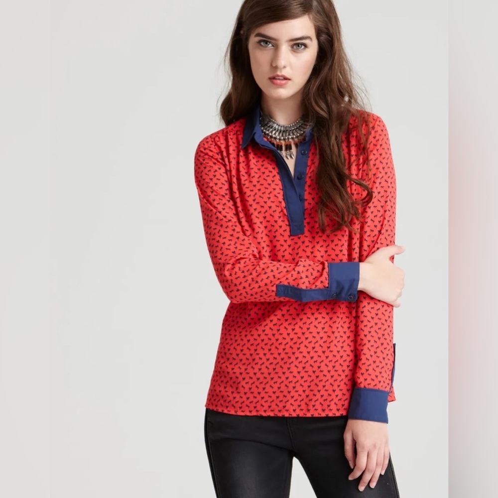 Free People Red Blouse Blue Equestrian Horses Blouse - Picture 2 of 11